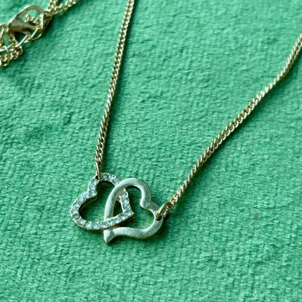 Gold Tone Interlocking Heart Rhinestone Necklace - Picture 6 of 8